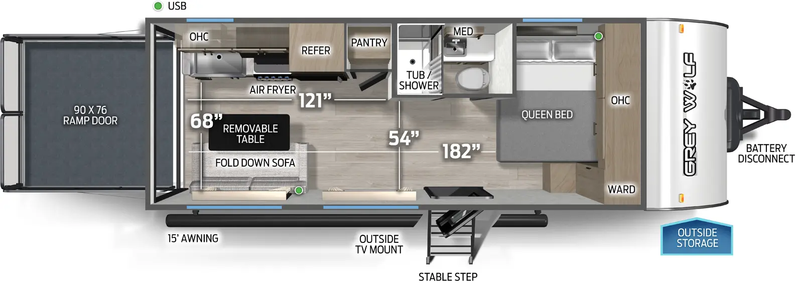 The Grey Wolf 18RR floorplan is a toy hauler that has one entry and zero slide outs. Exterior features include: metal exterior and 15' awning. Interiors features include: front bedroom.